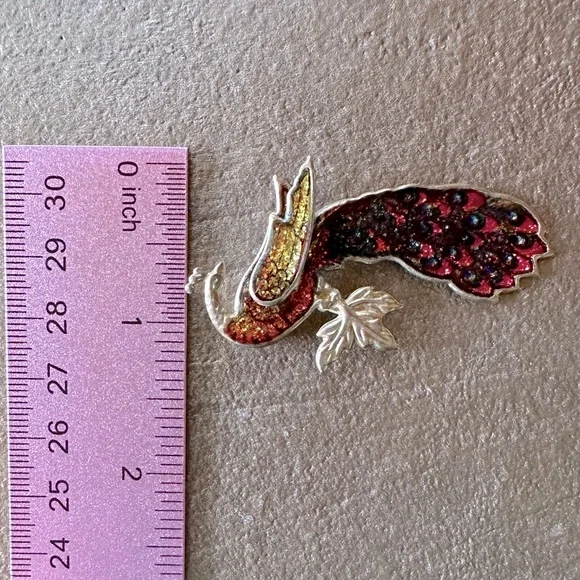 Vintage Bird Brooch Pin Glittering Peacock w/Leaf Red, Orange & Yellow Feathers - Picture 9 of 10